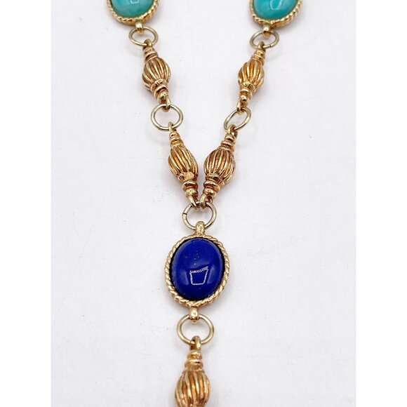 Signed Holst + Lee Gold Tone Turquoise Blue Cabochon Y Drop Necklace Statement - Picture 4 of 9